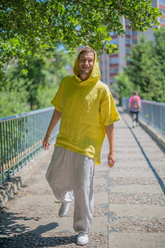 Yellow Linen Hoodie, Men Women Summer Hoodie Shirt, Flax T-shirt