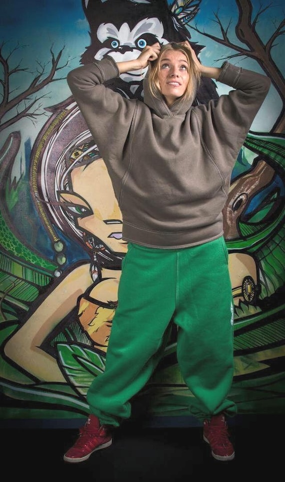 Green Cotton Sweatpants: Baggy Drop Crotch Unisex Pants