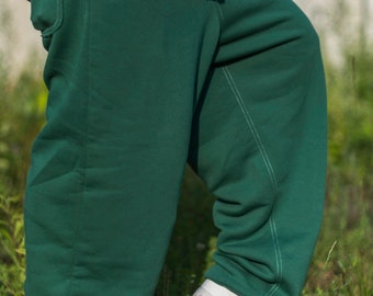 Dark Green Baggy Sweatpants: Unisex Cotton Drop Crotch Pants