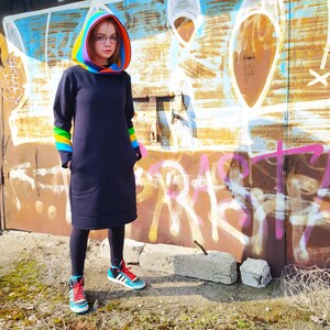 Rainbow Multicolor Black Dress, Oversize multicolor hood dress with pockets, Casual Warm Black Cotton Dress, Big hood Sweatshirt Dress, image 2