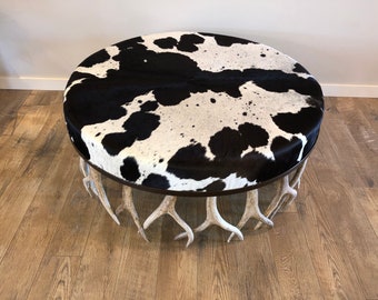 Elk Antler Ottoman with Real Cowhide
