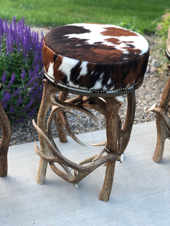 Elk Antler Cowhide Stool with Mule Deer foot rest