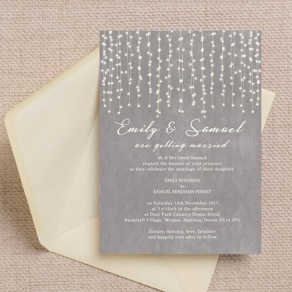 Dove Grey, Fairy Lights, Pale Grey, String Lights, Wedding Invitation & RSVP with envelopes