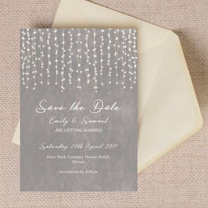 Dove Grey Fairy Lights Wedding Save the Date Cards