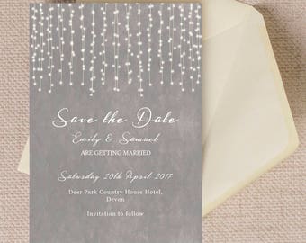 Dove Grey Fairy Lights Wedding Save the Date Cards