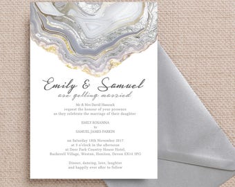 Personalised Agate Crystal Silver Grey Wedding Invitation & RSVP with envelopes