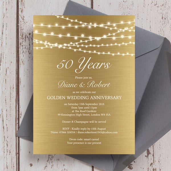 Personalised Gold Fairy Lights Wedding Anniversary 25th 30th 40th 50th 60th Invitations with Envelopes