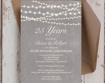 Personalised Dove Grey and White Fairy Lights Wedding Anniversary 25th 30th 40th 50th 60th Invitations with Envelopes
