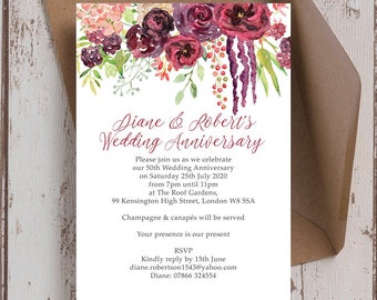 Personalised Printed Burgundy watercolour Floral Wedding Anniversary 25th 30th 40th 50th 60th Invitations & Envelopes