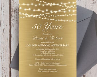 Personalised Gold Fairy Lights Wedding Anniversary 25th 30th 40th 50th 60th Invitations with Envelopes