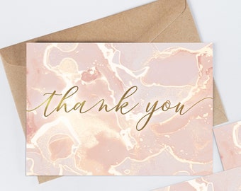 Pack of 10 Pastel Blush Pink & Rose Gold Marbled Ink Thank you / Note cards with Envelopes