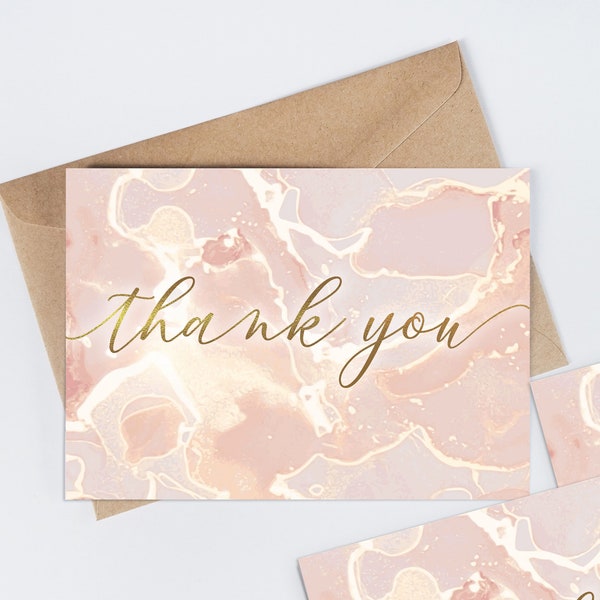 Pack of 10 Pastel Blush Pink & Rose Gold Marbled Ink Thank you / Note cards with Envelopes