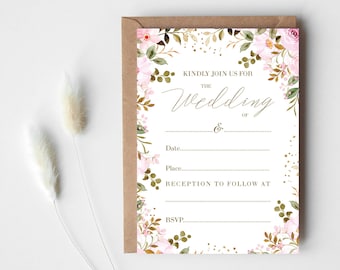 Pink Gold Floral, Country Garden Wedding Invitations, Ready to Write, Write Your Own Reception Invites, Pack of 10 with Envelopes