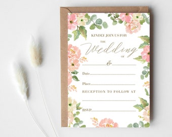 Blush Pink Flowers & Greenery Wedding Invitations, Ready to Write, Write Your Own, Reception Blank Invites, Pack of 10 with envelopes