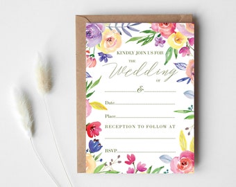 Summer Flowers Wedding Invitations, Bright Floral, Ready to write, Write Your Own Wedding Reception Invites /  Pack of 10