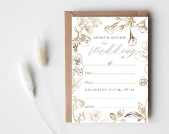 White and Gold Floral Wedding Invitations, Ready to Write, Write Your Own Wedding Reception Invites, Pack of 10 with envelopes