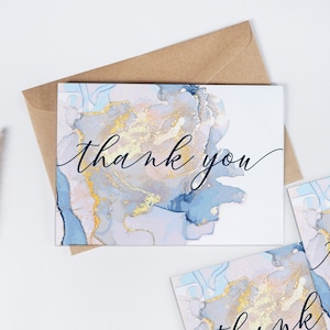 Lot de 10 cartes de remerciements/notes pliées bleu pastel et or marbré avec enveloppes