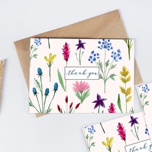 Pack of 10 Wild Flowers Floral Garden Flat or Folded Thank you / Note cards with Envelopes Flat