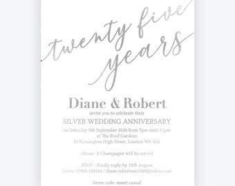 Elegant Damask Personalised 60th Silver Foil Wedding Anniversary Invitations Pack of 10