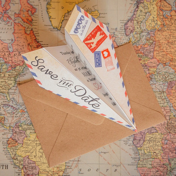 Vintage Airmail Wedding Save the Date Paper Airplane & Envelopes