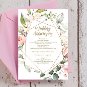 Personalised Printed Pastel Pink and Gold Floral Framed  Wedding Anniversary 25th 30th 40th 50th 60th Invitations & Envelopes