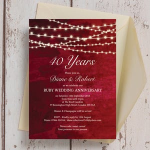 Personalised Ruby Red with Fairy Lights Wedding Anniversary 25th 30th 40th 50th 60th Invitations with Envelopes