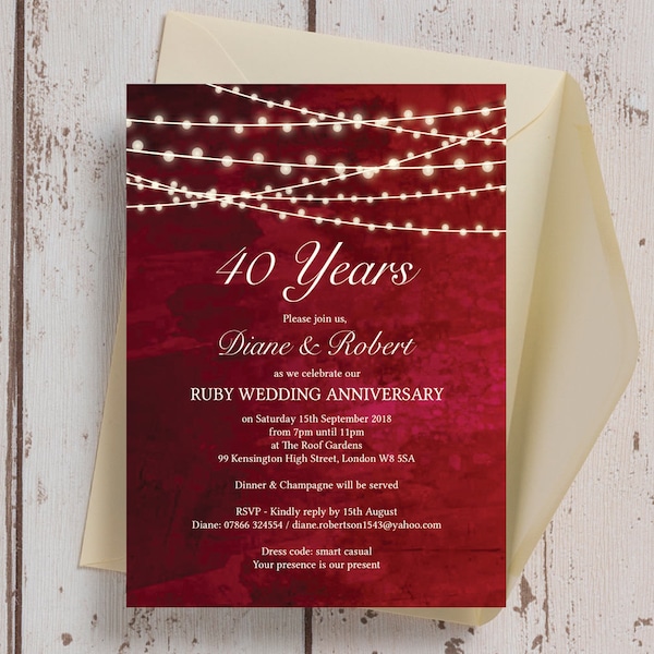 Personalised Ruby Red with Fairy Lights Wedding Anniversary 25th 30th 40th 50th 60th Invitations with Envelopes