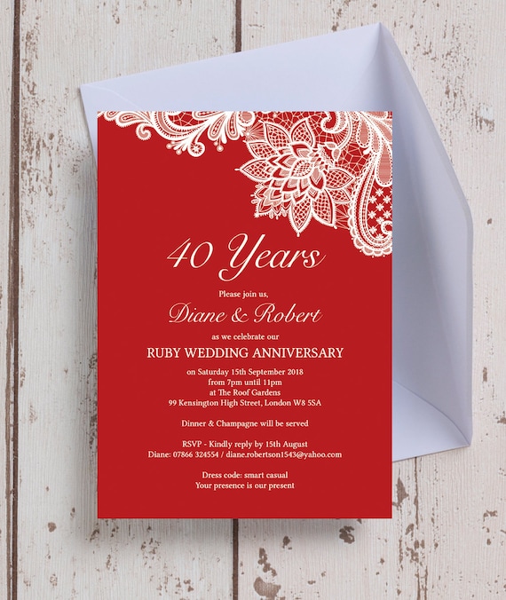 Personalised Ruby Red And White Lace Wedding Anniversary 25th Etsy
