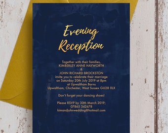 Personalised Navy Blue and Gold  Wedding Evening Reception Invitations & Envelopes