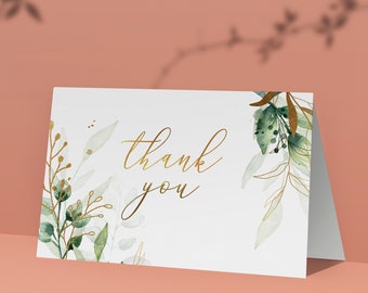 Green and Gold Leaves  Folded Thank you Notecards Note Cards  with Envelopes, Pack of 10