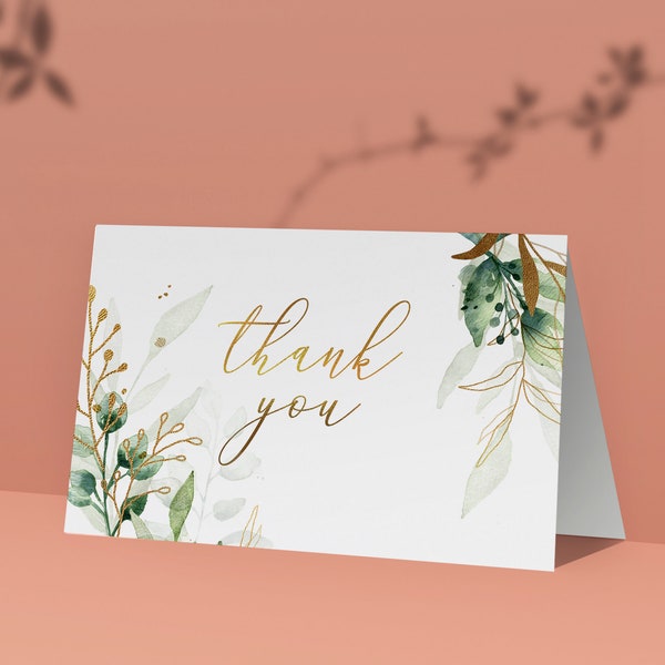 Green and Gold Leaves  Folded Thank you Notecards Note Cards  with Envelopes, Pack of 10