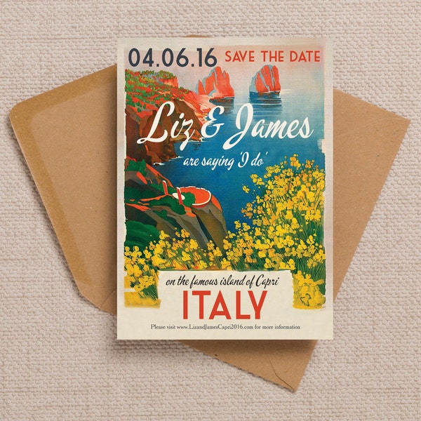 Italy Retro Travel Postcard Destination Wedding Save the Date Cards and envelopes