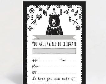 BEAR BIRTHDAY INVITATION, Grizzly Bear Party, woodland Party, Forest School Party, Kids Birthday InvitesPack of 10 Kids Invites