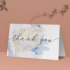 Pack of 10 Pastel Blue & Gold Marbled Ink Thank you / Note cards with Envelopes Folded