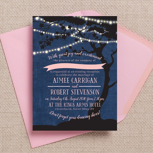 Personalised Navy Blue and Pastel Pink Fairy lights Wedding Reception Invitation with envelope