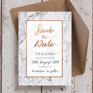 Grey Marble & Copper Wedding Save the Date cards and Envelopes