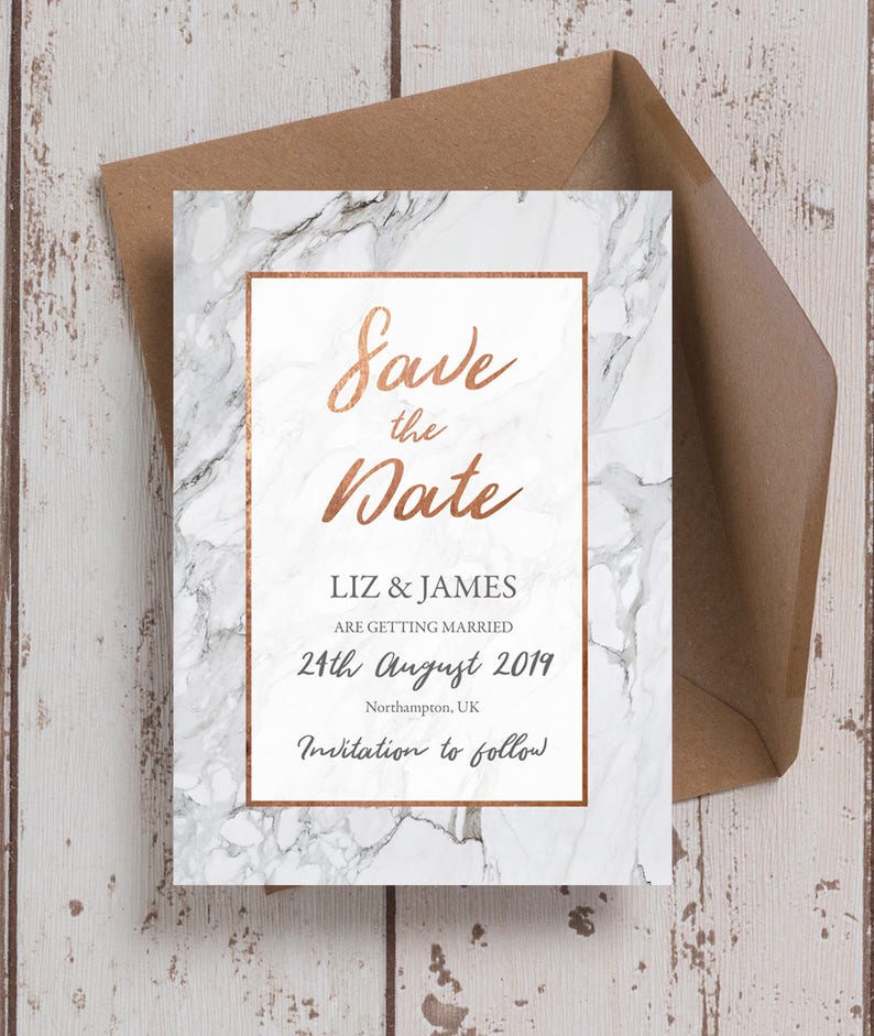 Grey Marble & Copper Wedding Save the Date cards and Envelopes image 1