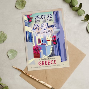 Città greca, villaggio greco, cartolina di destinazione d'epoca matrimonio biglietti e buste salva la data