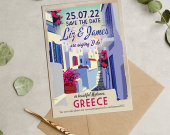 Greek Town, Greek Village, Vintage Destination Postcard Wedding Save the Date Cards and Envelopes