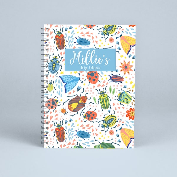 Bugs Insects MiniBeasts Notebook Personalised Note Book Pad, A5 Girls Boys Unisex Childrens Childs Birthday Christening Baptism Gift Pink UK