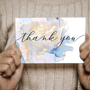 Pack of 10 Pastel Blue & Gold Marbled Ink Thank you / Note cards with Envelopes image 3