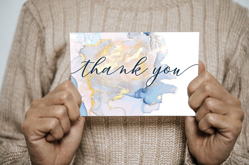 Pack of 10 Pastel Blue & Gold Marbled Ink Thank you / Note cards with Envelopes image 3