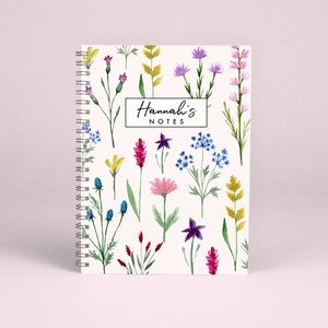 Notebook Personalised Wild Flower Design, A5 Floral Note book, teachers journal, birthday Gift UK