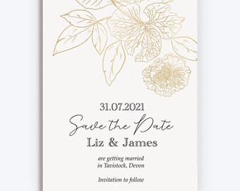 White and Gold Floral Outline Wedding Save the Date cards & Envelopes, Printed or Digital