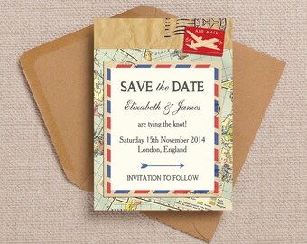 Vintage Airmail Destination Wedding Save the Date Cards and envelopes