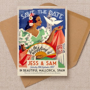 Spain Mediterranean Vintage Postcard Destination Wedding Save the Date Cards and envelopes