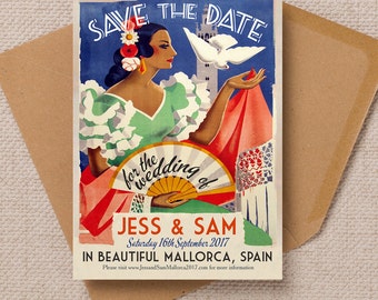 Spain Mediterranean Vintage Postcard Destination Wedding Save the Date Cards and envelopes