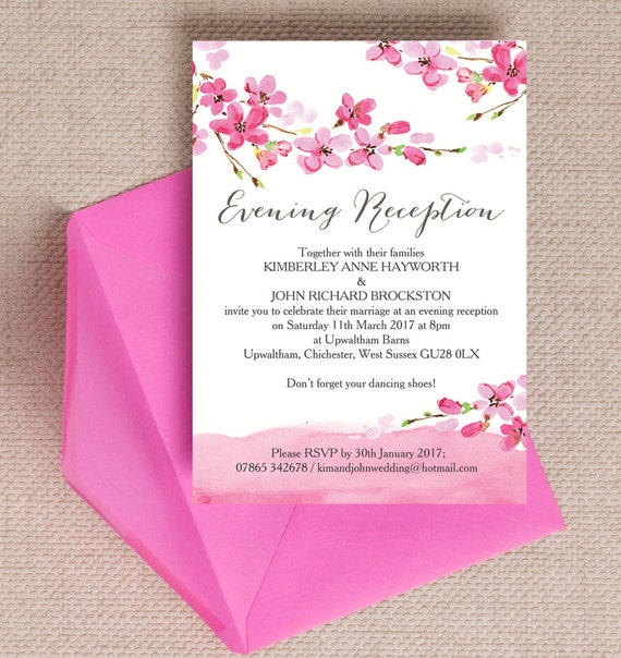 Pink Cherry Blossom Watercolour Personalised Wedding Invitations 