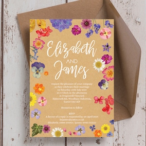 Bright Floral, Spring, Summer, Pressed flowers Inspired, Pink, Purple, Yellow, Red,  Wedding Invitation & RSVP with envelopes