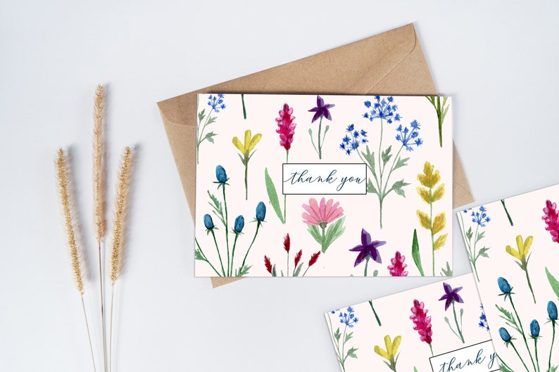 Pack of 10 Wild Flowers Floral Garden Flat or Folded Thank you / Note cards with Envelopes Flat